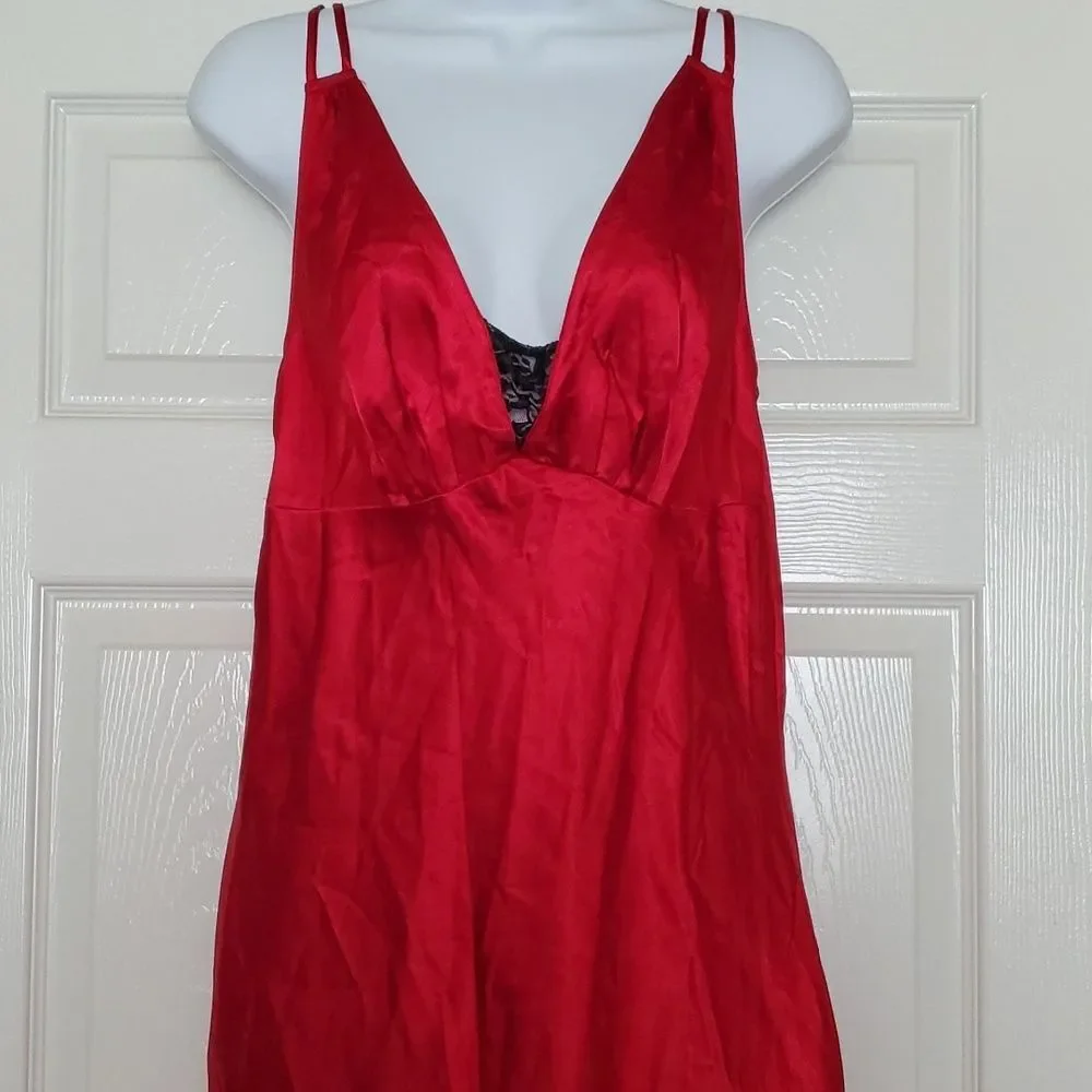 Secret Treasures Red Satin Long Chemise Nightgown Black Lace Trim - Medium